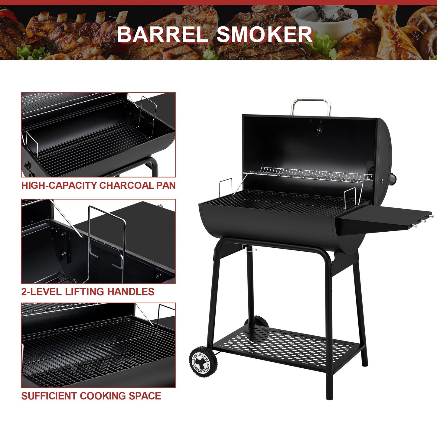 Royal Gourmet CC1830 30 Inch Barrel Charcoal Grill with Side Table, Outdoor BBQ Grill with 627 Sq. In. Cooking Space for Backyard, Patio and Parties, Black