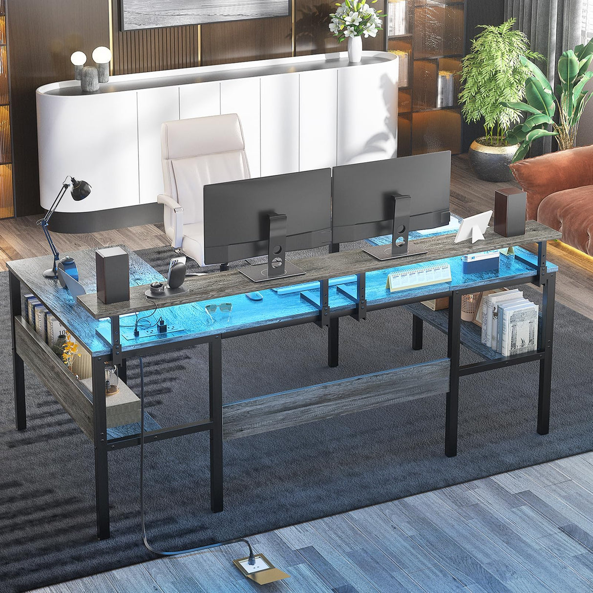 Hyomdeck Customizable U Shaped Desk & L Shaped Office Desks with RGB LED Light, Adjustable Monitor Stand and Power Outlets, Reversible Computer Desk with Storage, Large L Shape Gaming Table, Black Oak Hyomdeck