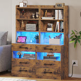 VIAGDO Tall Nightstand Set of 2 with Charging Station and LED Lights, Rustic Brown Night Stand Set 2 with Bookshelf, Modern LED Bedside Tables with 3 Drawers and Storage Shelves, Side Tables Bedroom VIAGDO