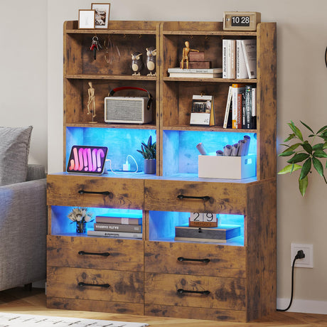 VIAGDO Tall Nightstand Set of 2 with Charging Station and LED Lights, Rustic Brown Night Stand Set 2 with Bookshelf, Modern LED Bedside Tables with 3 Drawers and Storage Shelves, Side Tables Bedroom VIAGDO