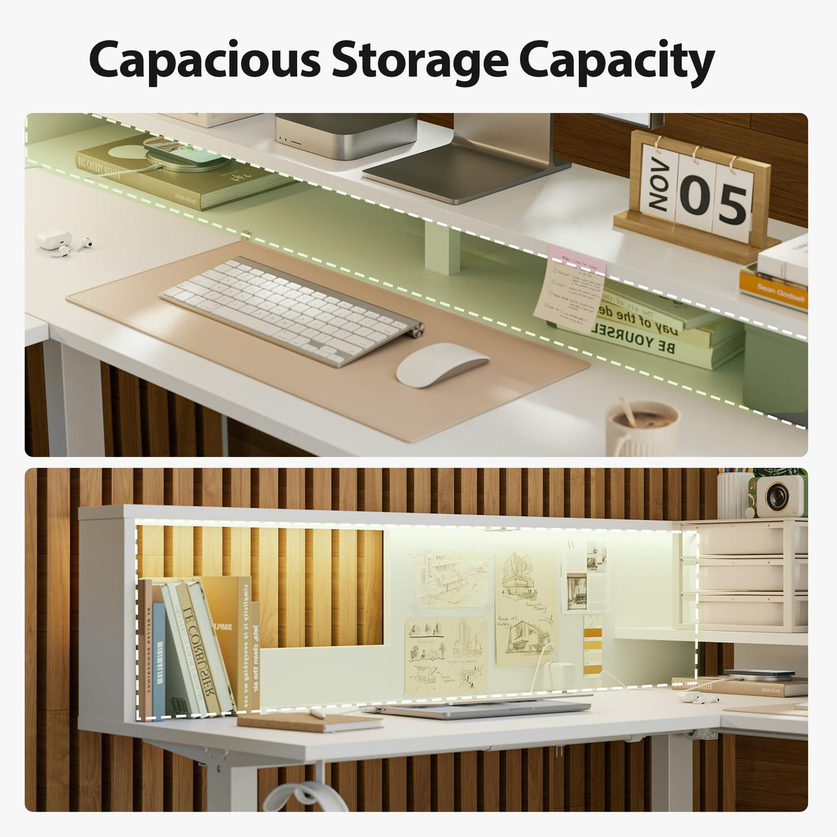 Agilestic L-Shaped Electric Standing Desk, 63x55 Inch Ergonomic Adjustable Height Desk with Storage, Stand Up Corner Desk Sit Stand Computer Table Power Outlet & LED Lights, Office Table, White Agilestic