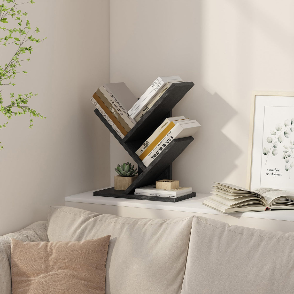 Tajsoon Tree Bookshelf 3 Tier Book Storage Organizer Shelves, Desktop Bookshelf Floor Standing Bookcase Display for CDs/Magazine/Books, Small Bookshelf for Bedroom, Living Room&Office, Black Tajsoon