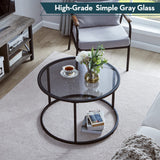 SAYGOER Round Coffee Table Glass Coffee Tables for Small Space Simple Modern Center Table for Living Room Home Office, Sofa Side Table with Metal Steel Frame, Easy Assembly, Gray Black SAYGOER