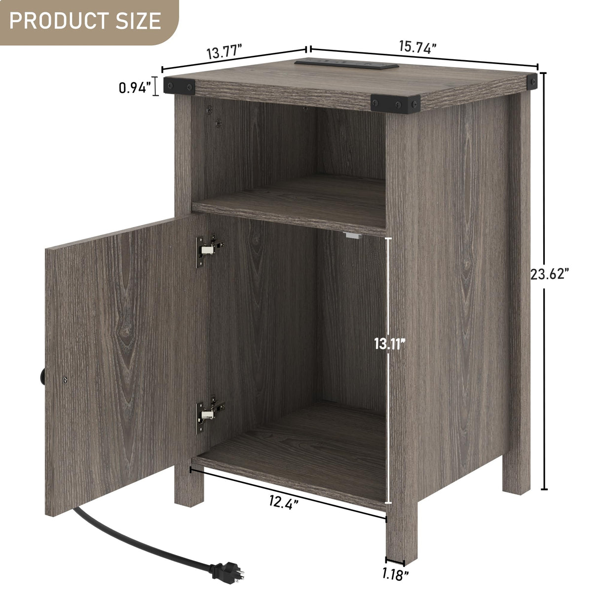 Hlivelood Farmhouse LED Nightstand Set of 2 with Charging Station, Rustic End Table with Barn Door & Storage Shelf, Bedside Table for Bedroom, Living Room, Grey Hlivelood