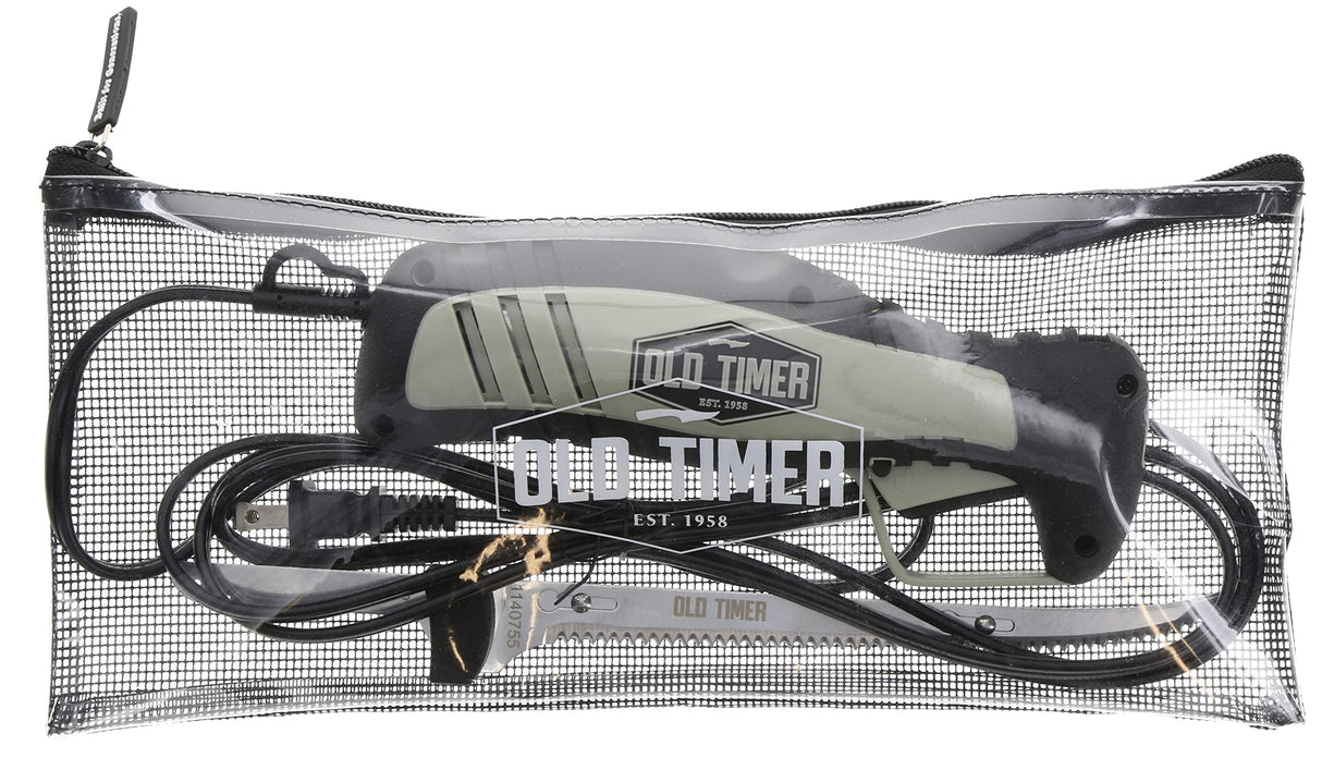 Old Timer 110V Electric Fillet Knife with 8in Fully Serrated Stainless-Steel Blade, Trigger Lock, Classic Fillet Knife Cut, 8ft Cord, and Self Draining Carry Case for Fishing, Filleting, and Outdoors Old Timer