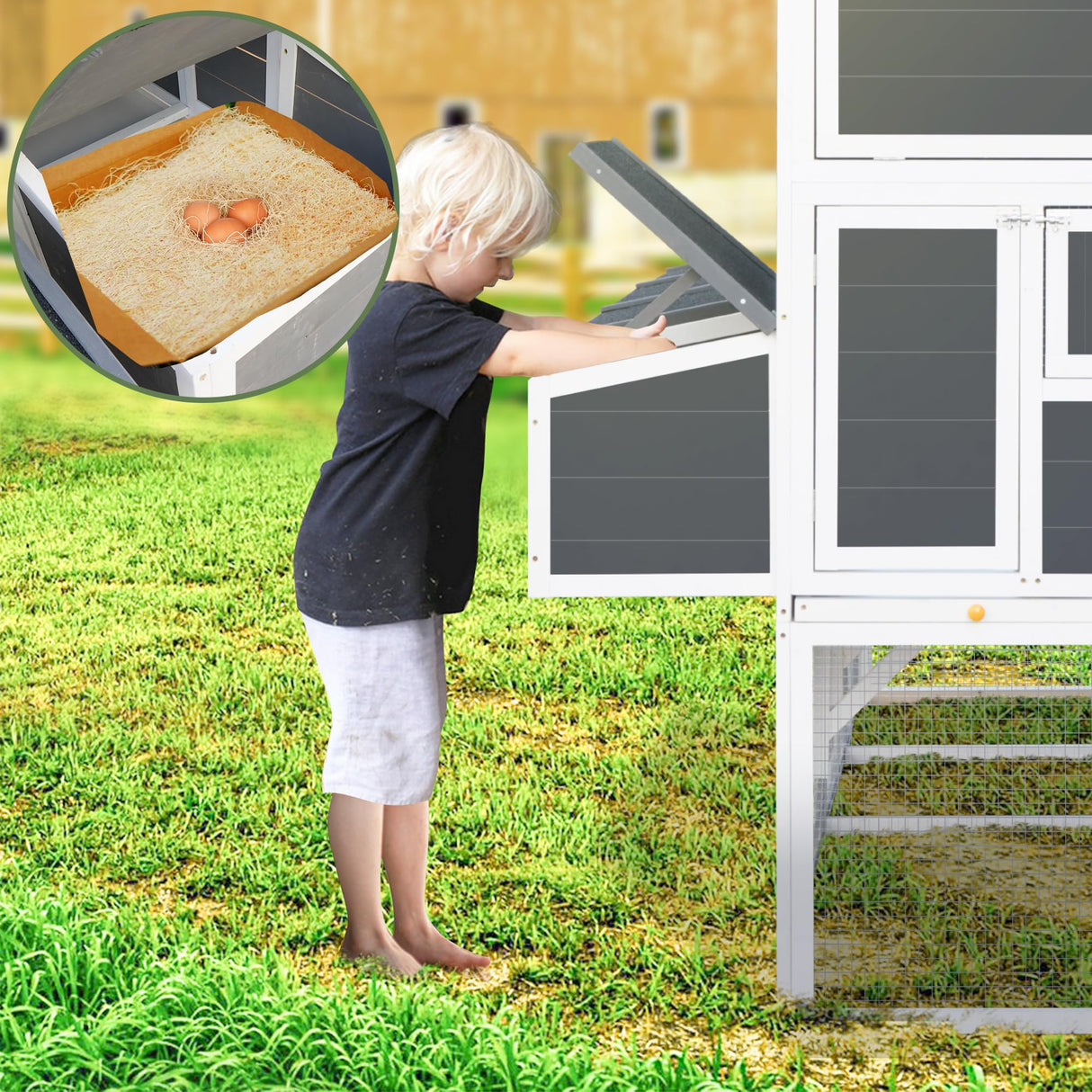 LZ LEISURE ZONE Chicken Coop with Chicken Run, Outdoor Hutch with Nesting Boxes, Wooden Walk-in Chicken House with Pull Out Trays, Garden Backyard Cage, Gray LZ LEISURE ZONE