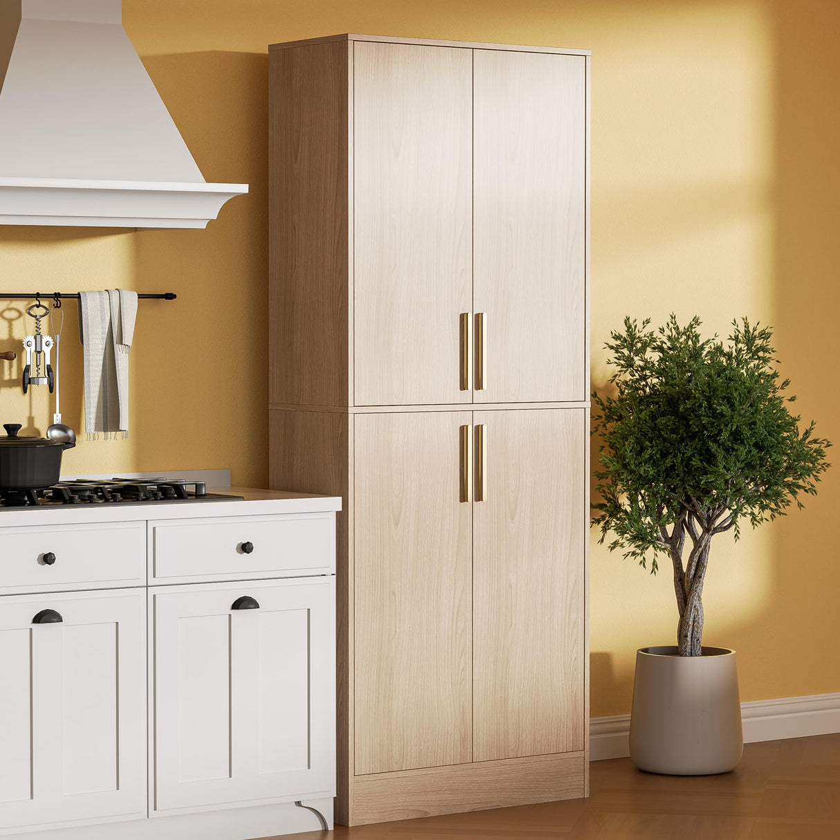 Housoul 71" Tall Pantry Cabinet with 4 Doors, Kitchen Pantry Storage Cabinet, Freestanding Larder Cupboard, Utility Kitchen Hutch with Gold Handles for Dining Room, Bathroom, Oak Housoul
