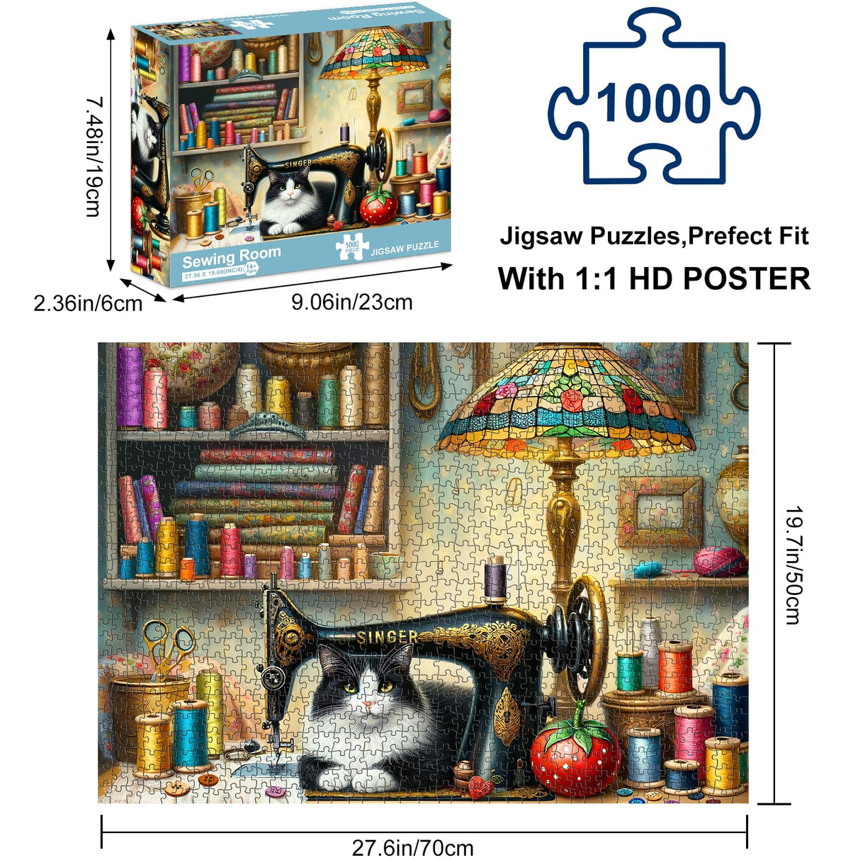 crowm Jigsaw Puzzles for Adults 1000 Pieces, The Sewing Room Cat Challenging Puzzles for Game Nights Living Room Art Decor & Sewing Lovers Gifts crowm