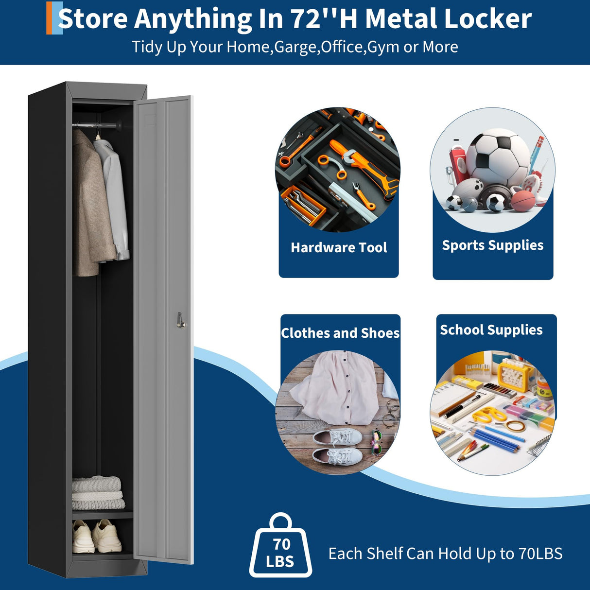 Metal Lockers for Employees with Door, 72’’ Tall Lockers for Employees Students with Shelves, Metal Storage Steel Cabinet for School Garage Office Gym Home Warehouse, Assembly Required, Dark Grey CABIHOME
