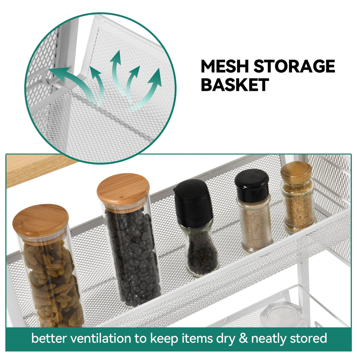 YITAHOME 4-Tier Slim Rolling Cart, Kitchen Cart with Wheels, Storage Cart with Wooden Tabletop and Mesh Baskets, Mobile Utility Cart for Narrow Space YITAHOME