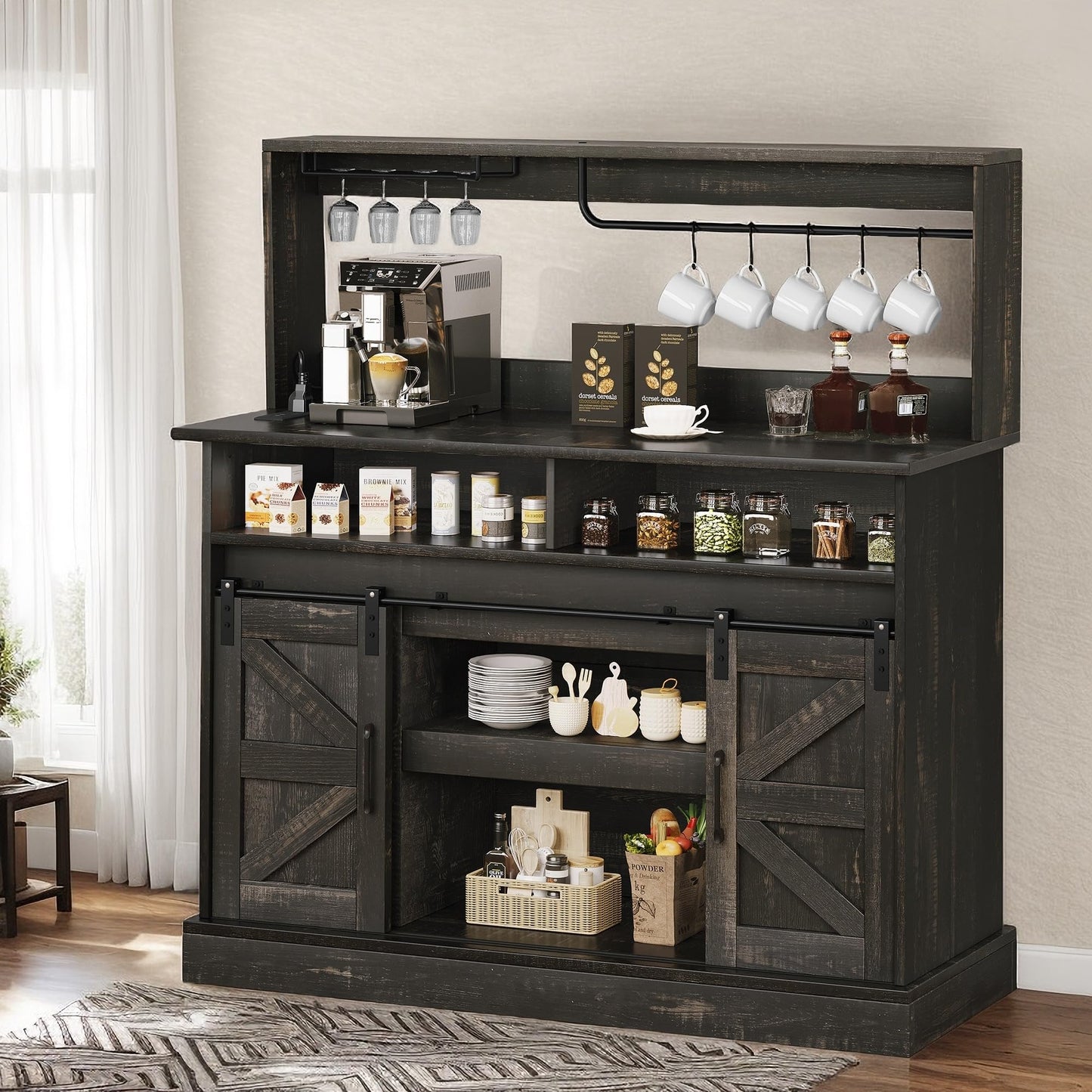 YITAHOME Buffet Cabinets with Upper Rack, Farmhouse Coffee Bar Cabinet with Power Outlet & Goblet Holder, 47 Inch Sideboard Cabinets with Sliding Barn Door for Kitchen, Living Room (Dark Rustic Oak)