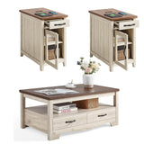 LINSY HOME Farmhouse Coffee Table Sets 3 Pieces, Wood Living Room Table Set Include 41" Coffee Table, End Table Set of 2, Washed White LINSY HOME