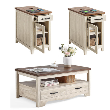 LINSY HOME Farmhouse Coffee Table Sets 3 Pieces, Wood Living Room Table Set Include 41" Coffee Table, End Table Set of 2, Washed White LINSY HOME