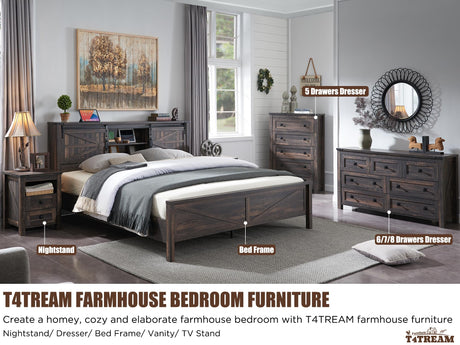T4TREAM Farmhouse 6 Drawers Dresser Chests for Bedroom, Wood Rustic Wide Chset of Drawers,Storage Dressers Organizer for Bedroom, Living Room,Hallway, Dark Rustic Oak T4TREAM