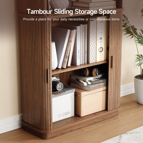 ONBRILL 71" Tall Cube Bookcase, Curved Bookshelf with Storage Cabinet & Adjustable Storage Shelf, Freestanding Wood Bookcase with Sliding Door & Sturdy Pedestal, for Home Office, Living Room, Walnut ONBRILL