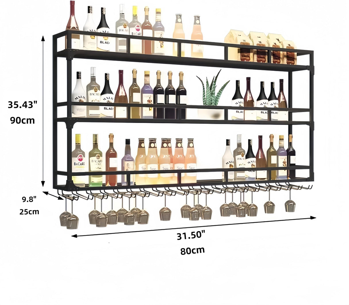HFTUW 3-Tier Wall Mounted Wine Rack with LED Light, Stylish Wall Bar Shelves for Liquor Bottles & Hanging Glasses, Bar Shelves Wall Mounted for Kitchen, Dining Room & Home Bar(Black, 80cm/31in) HFTUW