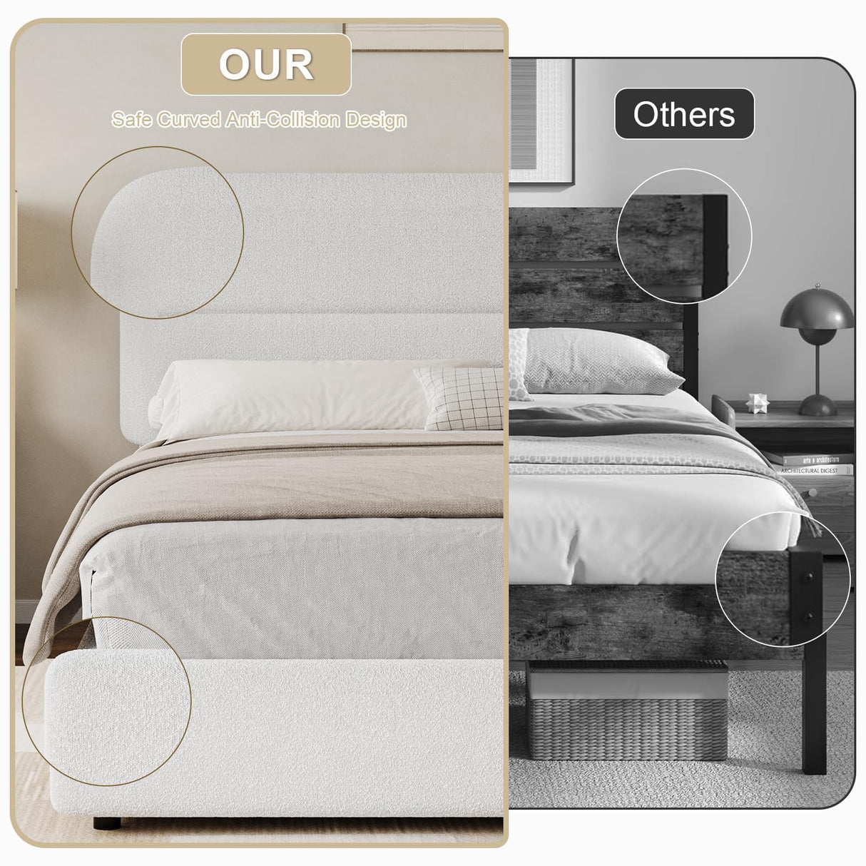 HOMBCK Twin Bed Frames Boucle Upholstered Platform Bed Frame Twin Size with Headboard for Kids/Thickened Footboard/Rounded Corners/No Box Spring Needed/Easy Assembly, White HOMBCK