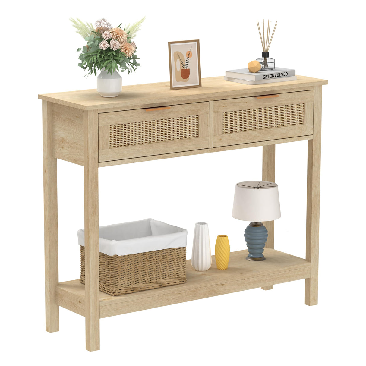 Trironsun Farmhouse Rattan Console Table with 2 Drawers 2 Tier Boho Narrow Long Sofa Table Natural with Open Storage Shelf Wood Entryway Table for Living Room Hallway Foyer (Nature, 39.4 Inch) Trironsun