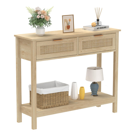 Trironsun Farmhouse Rattan Console Table with 2 Drawers 2 Tier Boho Narrow Long Sofa Table Natural with Open Storage Shelf Wood Entryway Table for Living Room Hallway Foyer (Nature, 39.4 Inch) Trironsun