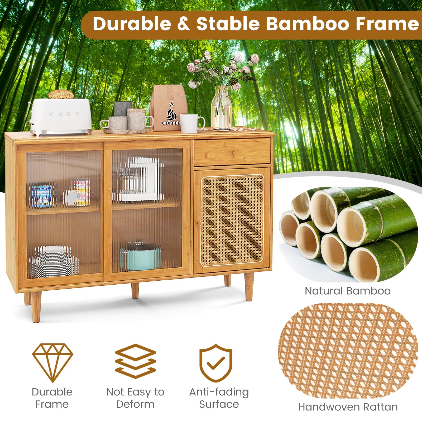 Giantex Buffet Cabinet with Storage, Bamboo Sideboard, Drawer, Rattan Glass Door Cabinet, Kitchen Cupboard, Farmhouse Console Table for Entryway Dining Room Coffee Bar - WoodArtSupply