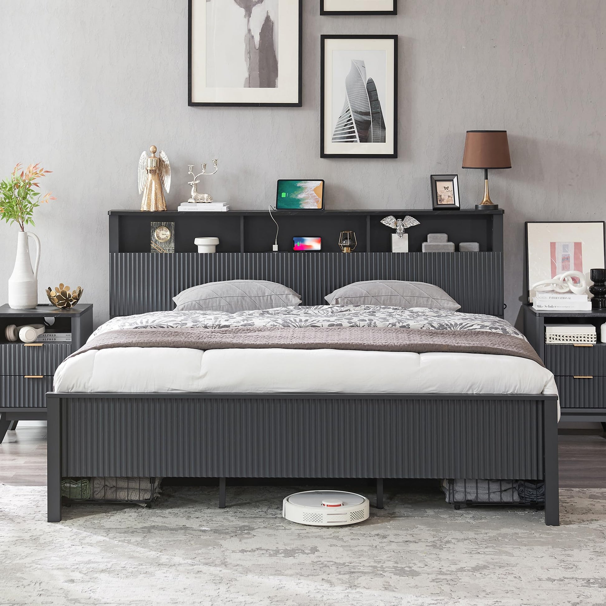 T4TREAM Fluted Panel Queen Bed Frame with Bookcase Headboard & Charging Station, Modern Wood Platform Bed with 4 Drawers, Wood Slats Support, Noise Free, No Box Spring Needed, Dark Grey - WoodArtSupply