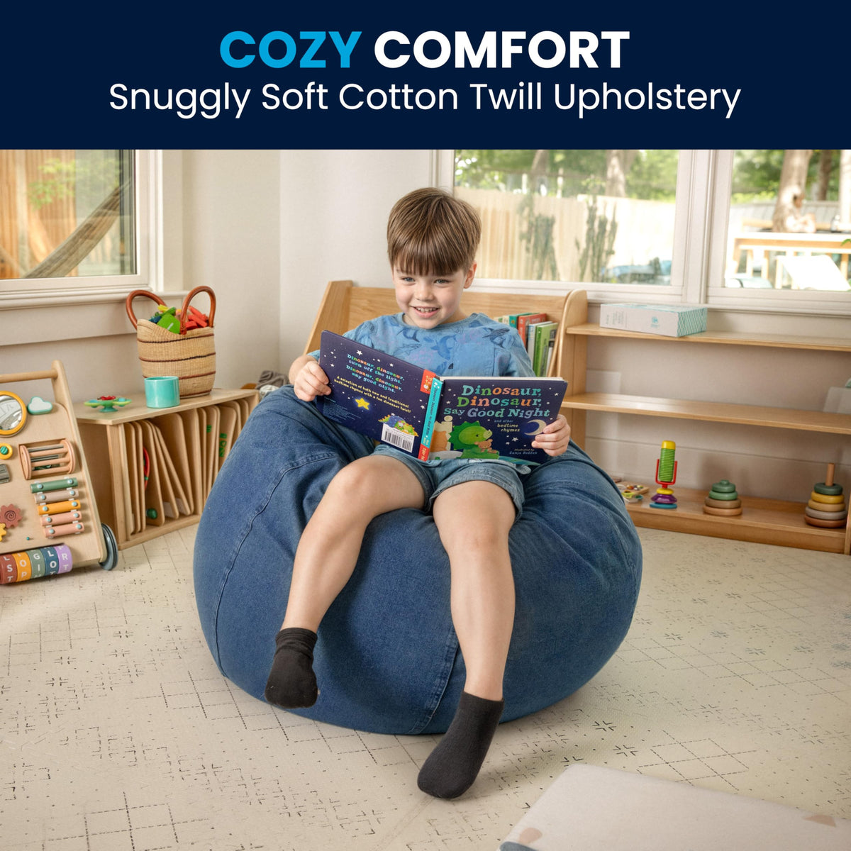 Flash Furniture Dillon Small Bean Bag Chair for Kids and Teens, Foam-Filled Beanbag Chair with Machine Washable Cover, Denim Flash Furniture