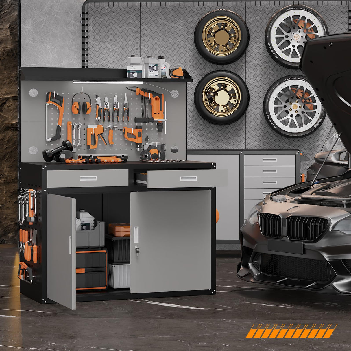 Rumetol 65" Heavy Duty Garage Workbench with Storage Drawers & Pegboard,2000lbs Capacity Metal Work Bench with Lockable Magnetic Cabinets,Adjustable LED Light for Workshop/Garage Rumetol