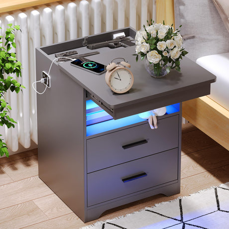 Nightstand with Gun Drawer Charging Bedside Table with USB & Type-C Port LED Night Stand with Human Sensor Design Modern End Table with Drawers for Bedroom Living Room Office, Grey FREDEES