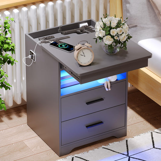 Nightstand with Gun Drawer Charging Bedside Table with USB & Type-C Port LED Night Stand with Human Sensor Design Modern End Table with Drawers for Bedroom Living Room Office, Grey - WoodArtSupply