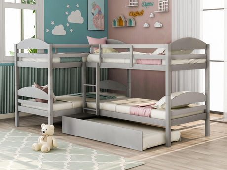 Harper & Bright Designs Quad Bunk Bed with Trundle,Twin Over Twin Bunk Bed for Kids,L-Shaped 4 Beds Bunk Bed Frame & Guardrails Corner Bunk Beds,No Box Spring Needed(Gray,L Shaped Bunk Bed) Harper & Bright Designs