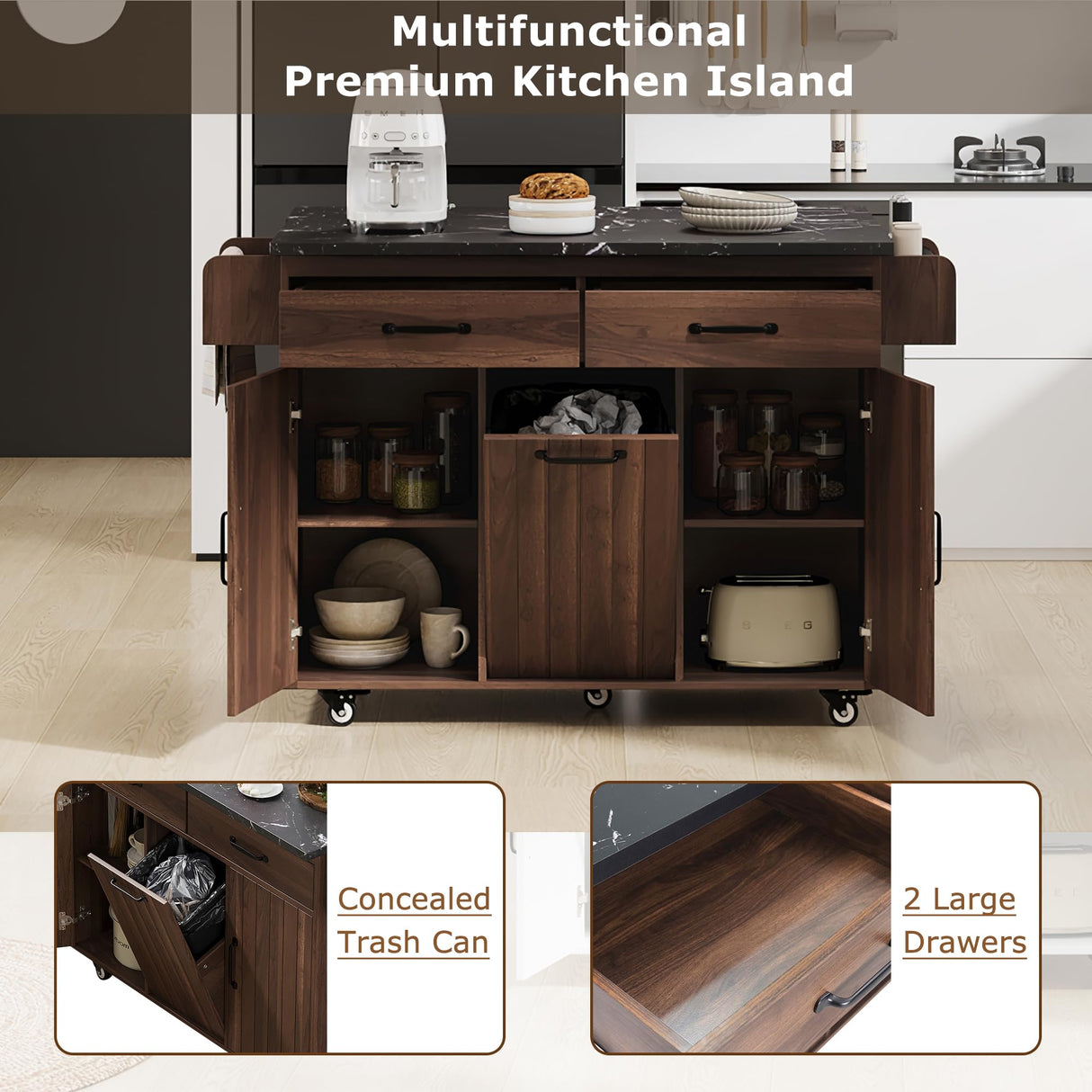 mixtavie Kitchen Island with Trash Can Storage Cabinet, Kitchen Cart with Drop Leaf, Spice Rack, Towel Rack and Drawer, Rolling Kitchen Island on Wheels with Adjustable Shelf, Walnut Brown mixtavie