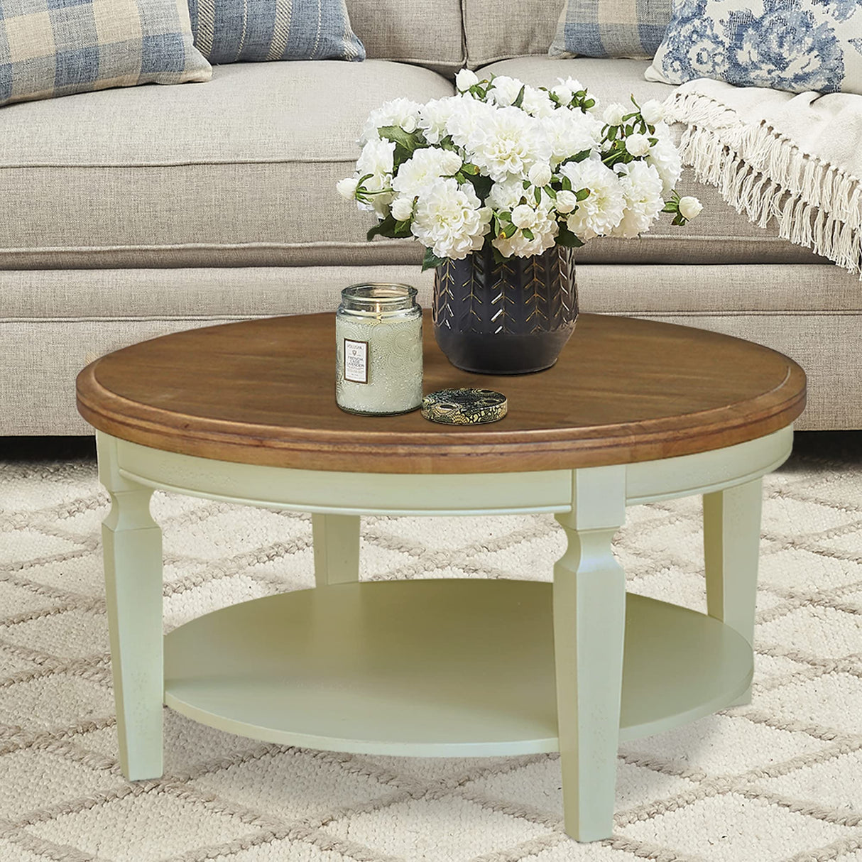 IC International Concepts International Concepts Vista Solid Wood Round Coffee Table, Hickory/Shell IC International Concepts