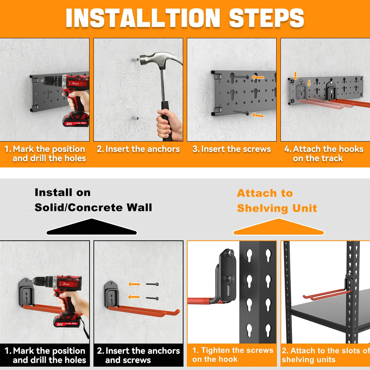 TORACK Garden Tool Organizer Wall Mount, Garage Folding Chair Storage Rack, Tools Rack for Shovels, Rakes, Broom, Ladders, Hooks for Keyhole Style Shelving Unit TORACK