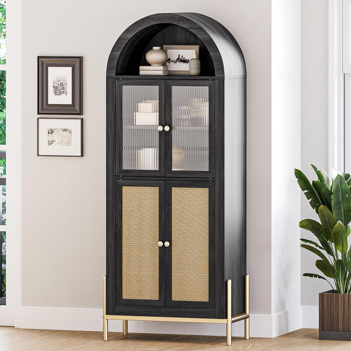 BELLEZE Set of 2 Storage Cabinet with Reeded Glass Doors, Arched Bookcase Decorated with Rattan Door, 65 Inch Freestanding Curio Cabinet for Home Living Room and Kitchen, Black BELLEZE