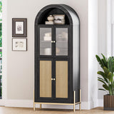 BELLEZE Set of 2 Storage Cabinet with Reeded Glass Doors, Arched Bookcase Decorated with Rattan Door, 65 Inch Freestanding Curio Cabinet for Home Living Room and Kitchen, Black BELLEZE