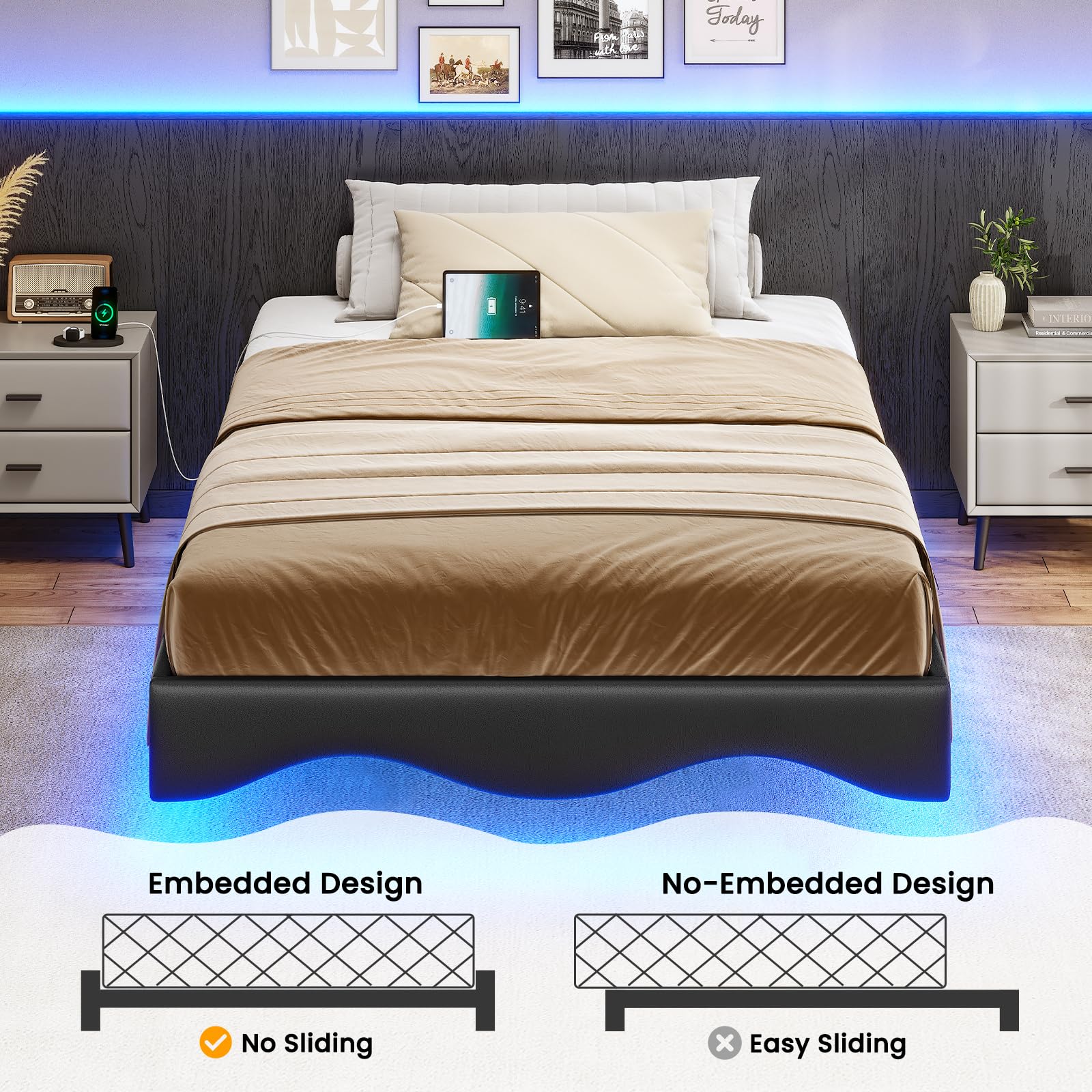 AOGLLATI Twin Floating Bed Frame with Built-in Charging Station & RGB LED Lights - Black - WoodArtSupply