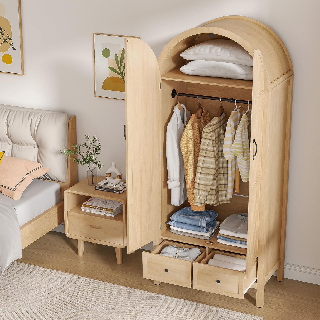 Lxsxlome Wardrobe Closet, Armoire Wardrobe Closet with Drawers and 2 Arched Fluted Doors, 70.87‘’ Tall Wooden Bedroom Armoires with Shelves and Hanging Rod (2, Wood Color) Lxsxlome