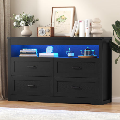 BORNOON 4 Drawer Dresser with LED Lights, Modern Wood Chest of Drawers for Bedroom, Wide Tall Dresser with Metal Handles & Anti-Tip Kit for Closet, Living Room, Entryway BORNOON