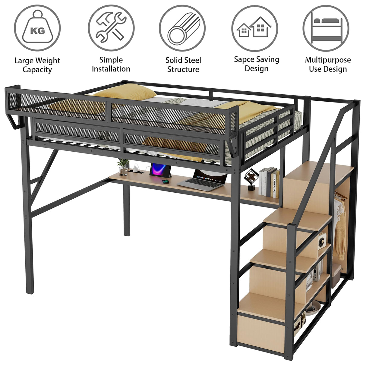 Mirightone Gaming Queen Loft Bed with Desk and Stairs, Metal Lofts Bed Queen Size with Upper Storage Shelf, High LoftBed with Light, USB Charging Station and Wardrobe for Adults, Teens, Black Mirightone