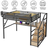Mirightone Gaming Queen Loft Bed with Desk and Stairs, Metal Lofts Bed Queen Size with Upper Storage Shelf, High LoftBed with Light, USB Charging Station and Wardrobe for Adults, Teens, Black Mirightone
