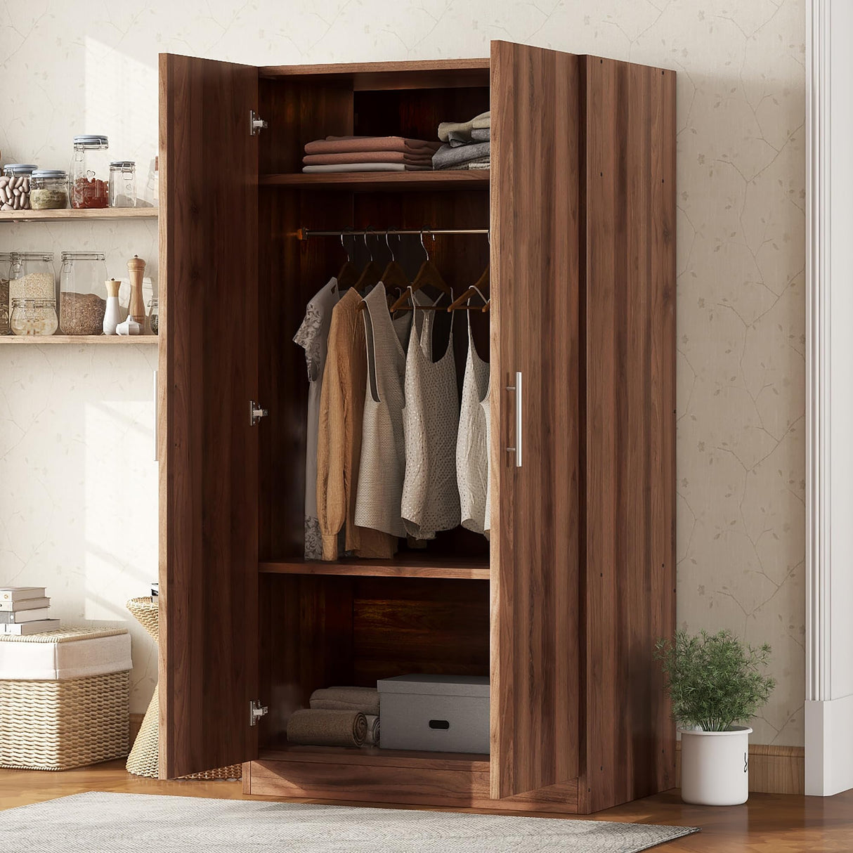 Merax Wooden Wardrobe Closet Organizer with 2 Doors, 3 Shelves and Hanging Rods Slim Armoire Functional Clothes Storage Cabinet for Bedroom & Living Room, Brown Merax