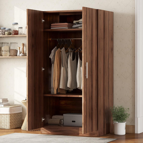Armoire Wardrobe Closet with 2 Doors, 67.3" H Armoire with Shelves, Wooden Wardrobe Closet for Hanging Clothes, Bedroom Armoires Storage Cabinet with Hanging Rod, Brown cloblane