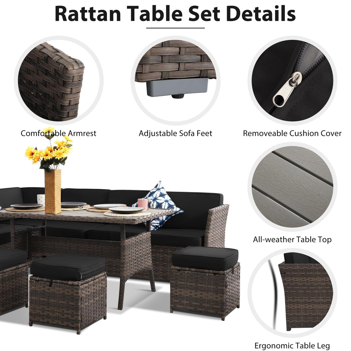 YOCONYO Patio Furniture Set, 7 Pieces Patio Dining Set, All Weather Outdoor Wicker Conversation Loveseat Set with Dining Table, Ottoman in Brown Rattan Black Cushions YOCONYO