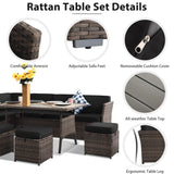 YOCONYO Patio Furniture Set, 7 Pieces Patio Dining Set, All Weather Outdoor Wicker Conversation Loveseat Set with Dining Table, Ottoman in Brown Rattan Black Cushions YOCONYO