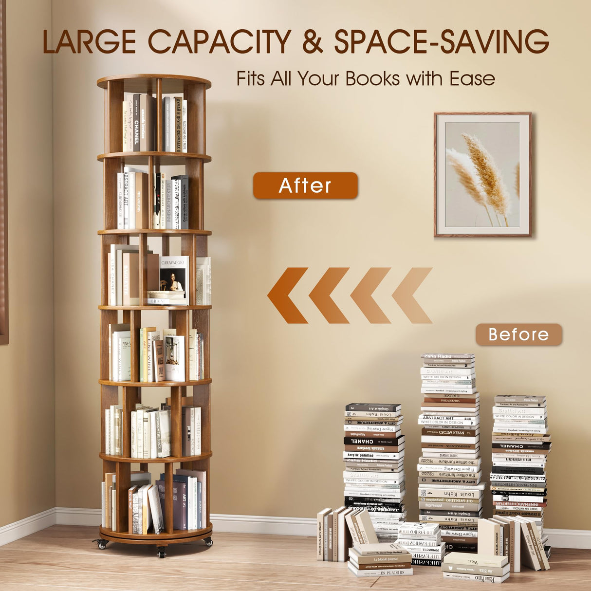 6 Tier Rotating Bookshelf Tower Spinning Bookshelf with Swivel Wheels Book Shelf Rotating Storage Tower for Kids Adult Narrow Walnut Solid Wood Revolving Bookcase Organizer for Bedroom Living Room IUNVR