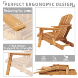 Oversized Outdoor Wooden Folding Adirondack Chair with Retractable Ottoman, Pre-Assembled BackRest & SeatBoard, Wood Patio Chair for Garden Backyard Porch Pool Deck Firepit SoliWood