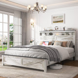 madeslves Farmhouse Wooden Bed Frame Queen Size with Storage Headboard, Boho Platform Bedframe with LED Lights and Charging Station, Metal Slats Support, No Box Spring Needed, White madeslves