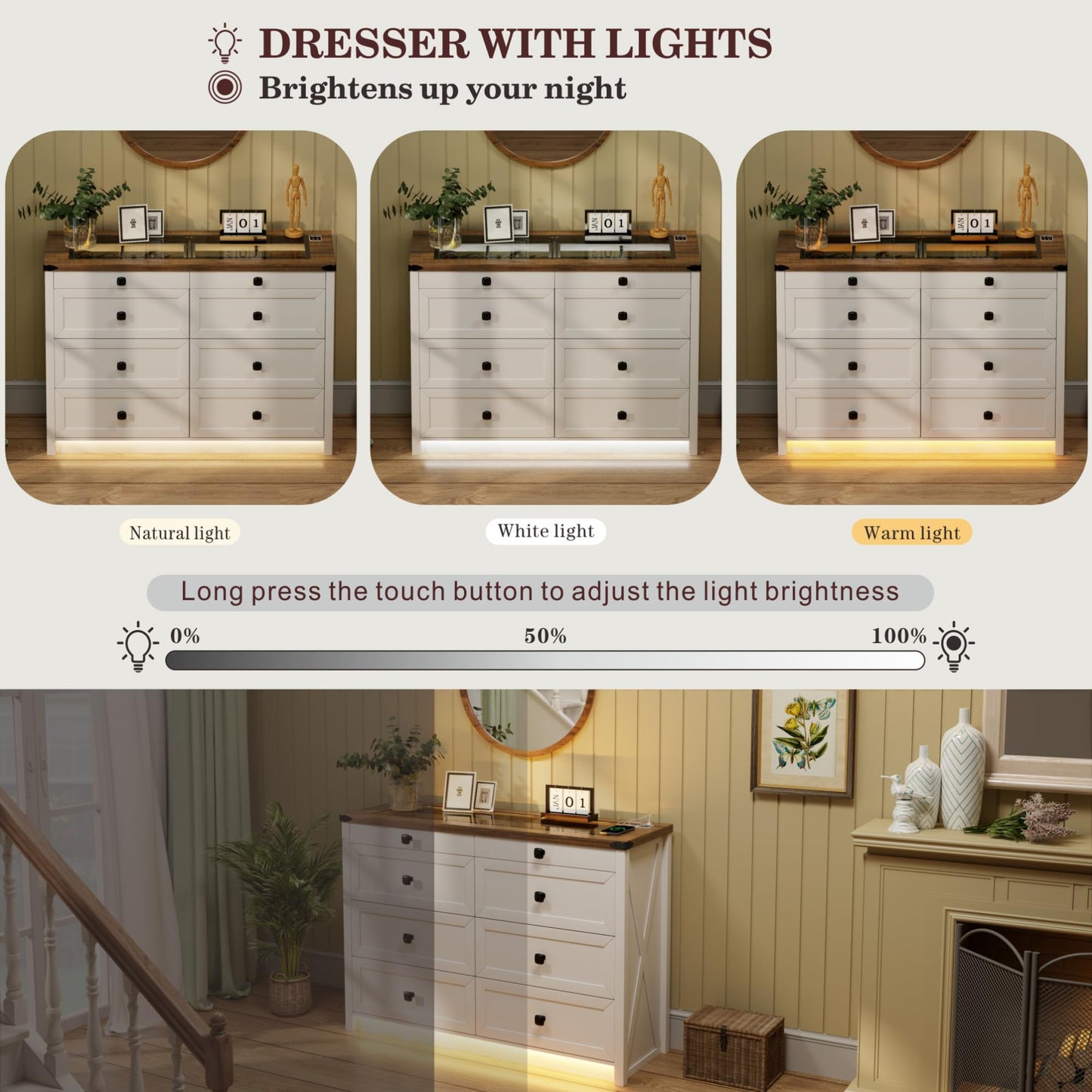 FREDEES Farmhouse Dresser for Bedroom with 8 Drawers, Wood Tall Chest of Drawers with LED Light/Charging Station/Human Sensor, Dressers Organizer for Closet, Living Room, Hallway, Antique White