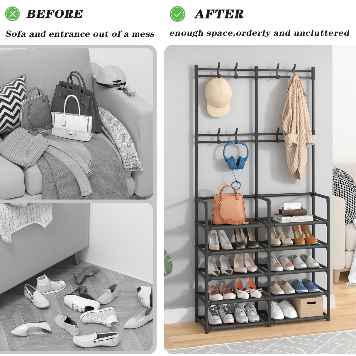 Laiensia 5-Tier Entryway Coat Rack, Coat and Shoe Rack, Entryway Bench Storage Organizer with 8 Hooks for Bedroom, Hallway, Office, Black Laiensia