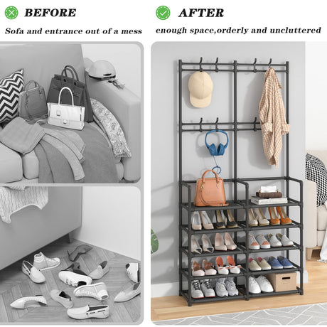 Laiensia 5-Tier Entryway Coat Rack, Coat and Shoe Rack, Entryway Bench Storage Organizer with 8 Hooks for Bedroom, Hallway, Office, Black Laiensia